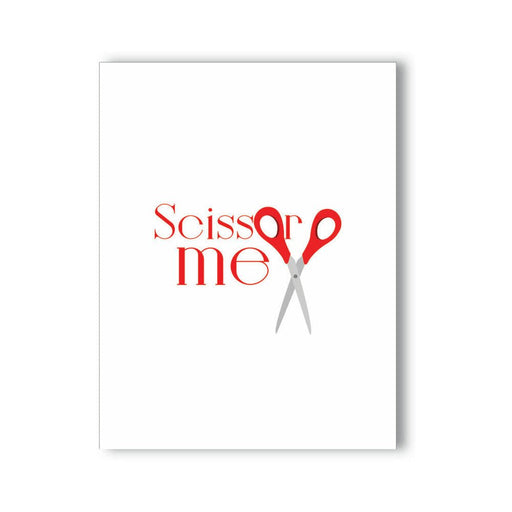Greeting card with red text "Scissor me" and a graphic of red-handled scissors integrated into the design on a white background.