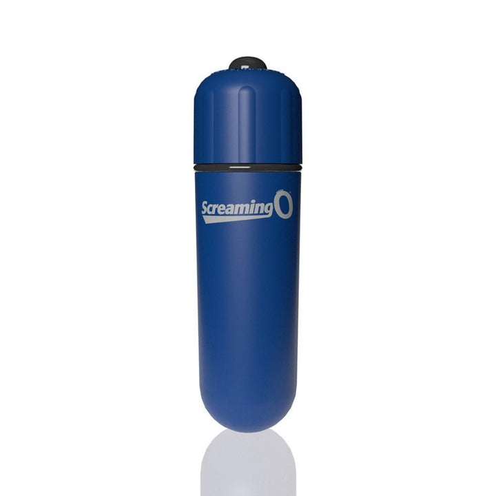 Compact blue Screaming O 4b bullet vibrator with smooth finish and logo on a white background.
