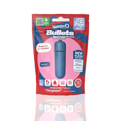Screaming O 4B Bullet Vibrator in blueberry color with eco-friendly packaging and new 4LR44 battery, shown in resealable pouch.