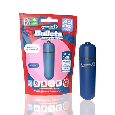 Blue Screaming O 4B Bullet Vibrator with eco-friendly packaging highlighting waterproof, reusable, and long-lasting battery features.