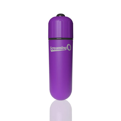 Compact purple Screaming O 4b bullet vibrator with smooth finish and black power button on top.