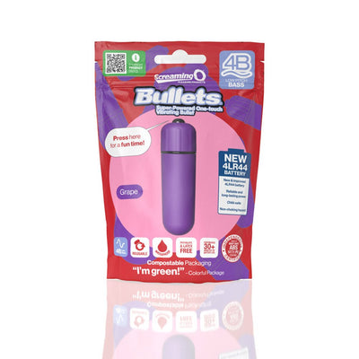 Purple Screaming O 4b Bullet Vibrator in eco-friendly packaging with waterproof, reusable, and long-lasting battery features.