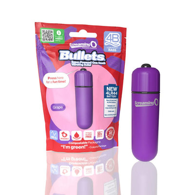 Purple Screaming O 4B Bullet Vibrator with eco-friendly packaging highlighting waterproof and reusable features.