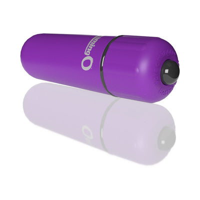 Compact purple Screaming O 4b Bullet Vibrator with smooth finish and one-touch control button on reflective surface.