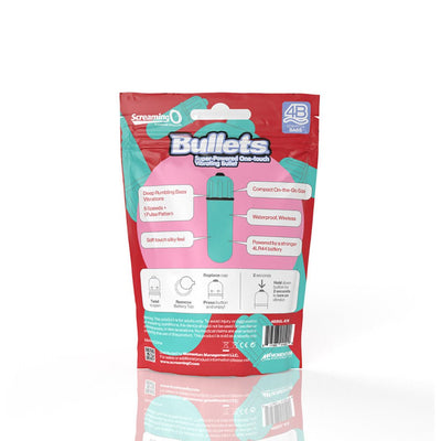 Screaming O 4b Bullet Vibrator packaging highlighting features like deep bass vibrations, waterproof design, and compact size.