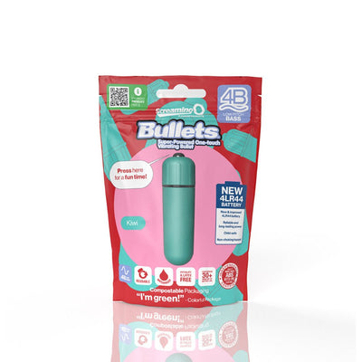 Screaming O 4b Bullet Vibrator in kiwi green with eco-friendly compostable packaging and new 4LR44 battery features.