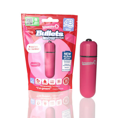 Pink Screaming O 4B Bullet Vibrator with eco-friendly packaging highlighting 4LR44 battery and waterproof design.