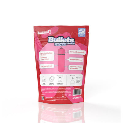 Screaming O 4b Bullet Vibrator packaging highlighting deep bass vibrations, waterproof design, and compact size in pink pouch