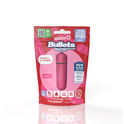 Screaming O 4b Bullet Vibrator in strawberry pink with eco-friendly compostable packaging and new 4LR44 battery label.