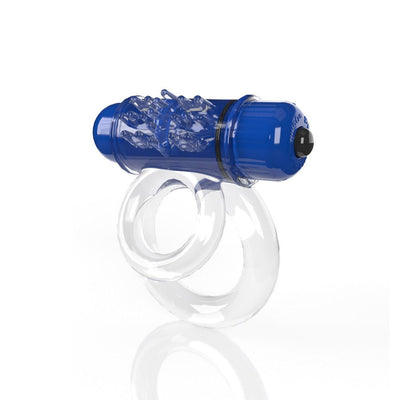Clear double vibrating cock ring with textured blue bullet motor and two adjustable rings for secure fit.