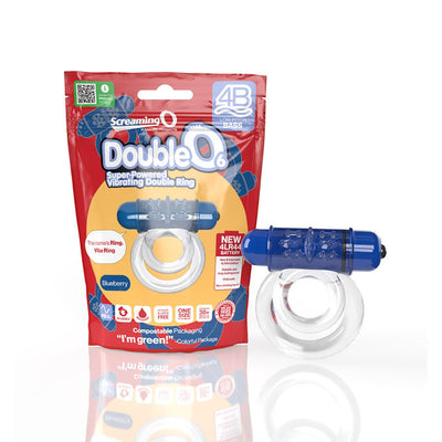 Screaming O DoubleO 6 vibrating double ring in blueberry with eco-friendly packaging and dual clear silicone rings.