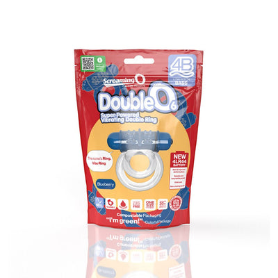 Screaming O DoubleO 6 vibrating double ring in blueberry color with eco-friendly packaging and 4LR44 battery included.