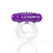 Purple vibrating bullet attached to clear double cockring with textured pleasure nodules for enhanced sensation.
