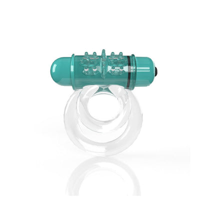Clear double vibrating cockring with teal bullet vibrator and textured pleasure nodules on top.