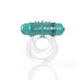 Clear double vibrating cockring with teal bullet vibrator and textured pleasure nodules on top.