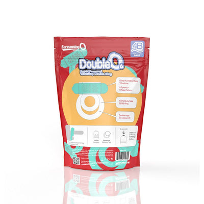 Screaming O DoubleO 6 vibrating double cockring packaging highlighting features and usage instructions.