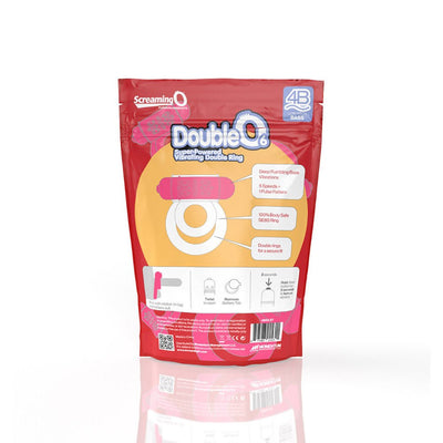 Packaging of Screaming O DoubleO 6 vibrating double cockring with product features and usage instructions on a red and orange pouch.