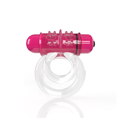 Clear double vibrating cock ring with pink bullet vibrator and textured pleasure nodules on top.