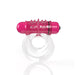 Clear double vibrating cock ring with pink bullet vibrator and textured pleasure nodules on top.