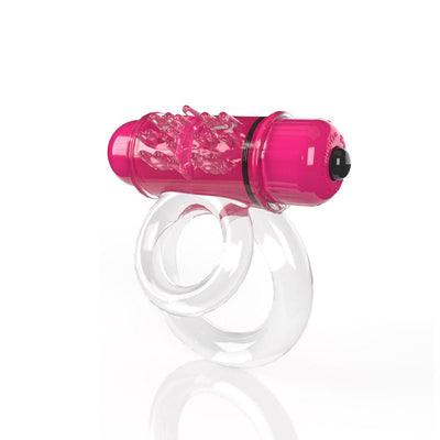 Clear double vibrating cock ring with textured pink bullet motor and two adjustable rings for secure fit.