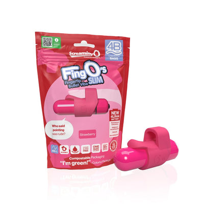 Pink 4b Fingo Slim finger vibrator with reusable loop and eco-friendly packaging in strawberry scent.