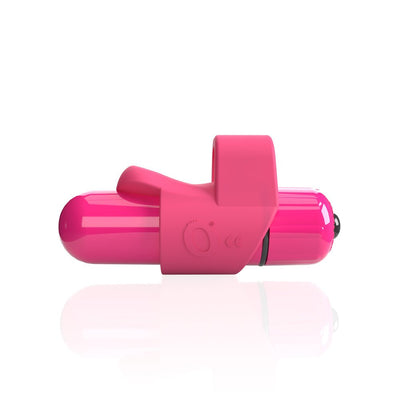Compact pink finger vibrator with ergonomic loop and smooth bullet design for targeted stimulation and easy wear.