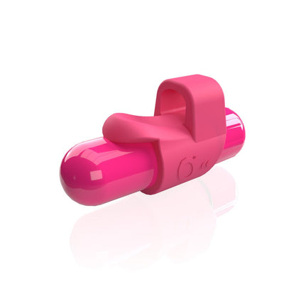 Compact pink finger vibrator with silicone loop and control buttons, designed for hands-free stimulation.
