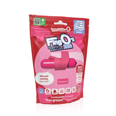 Packaging of 4b Fingo Slim finger vibrator in strawberry pink with eco-friendly and waterproof features highlighted.