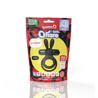 Packaging of Screaming O Ohare black vibrating rabbit double cockring with eco-friendly compostable design and product features shown.