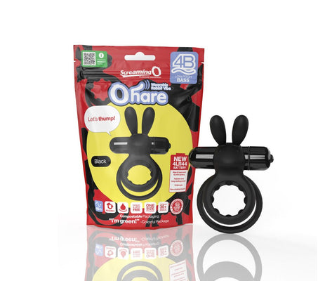 Black vibrating rabbit double cockring with flexible ears next to its eco-friendly red and yellow packaging.