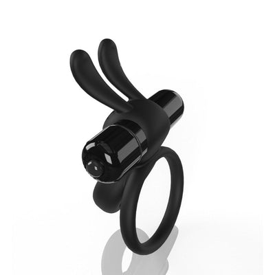 Black silicone double cockring with attached vibrating bullet and flexible rabbit ear stimulator.