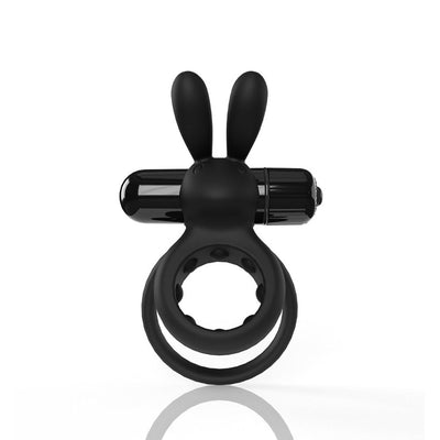 Black silicone double cockring with attached vibrating bullet and flexible rabbit ear stimulator.