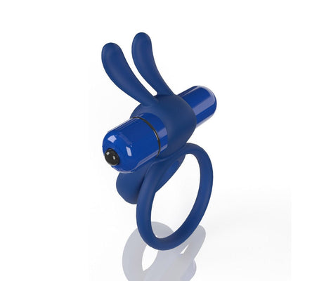Blue vibrating double cockring with flexible rabbit ears and bullet motor on white background