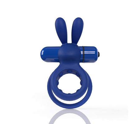 Blue double ring vibrating cockring with flexible rabbit ears and removable bullet vibrator on white background.