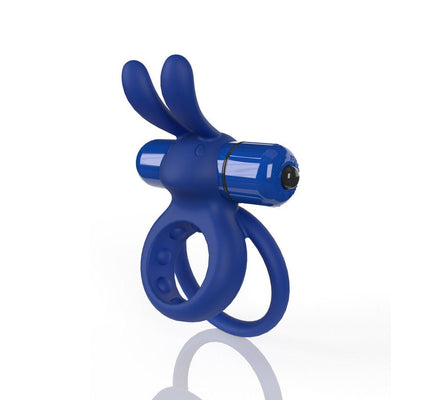 Blue double ring vibrating cockring with flexible rabbit ears and removable bullet vibrator on white background.