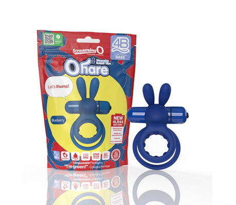 Blueberry-colored Screaming O Ohare vibrating rabbit double cockring with eco-friendly packaging.