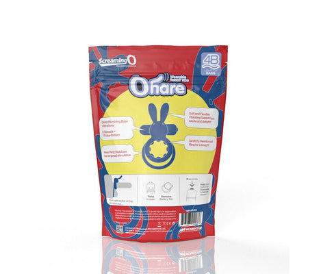 Packaging of Screaming O Ohare wearable rabbit vibe with product features and usage instructions on a red and yellow pouch.