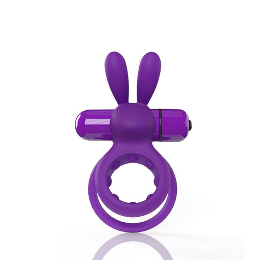 Purple double ring cockring with flexible rabbit ears and attached bullet vibrator on a white background.