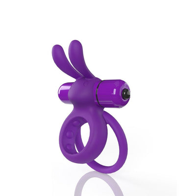 Purple vibrating double ring with flexible rabbit ears and bullet motor for targeted stimulation.