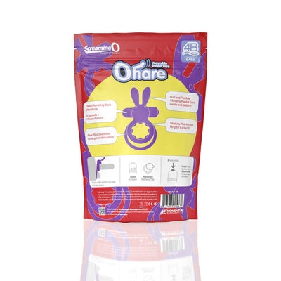Red and purple packaging of Screaming O 4b Ohare vibrating rabbit double cockring with product features and instructions.