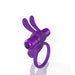 Purple double cockring with flexible rabbit ears and a detachable vibrating bullet on a white background.