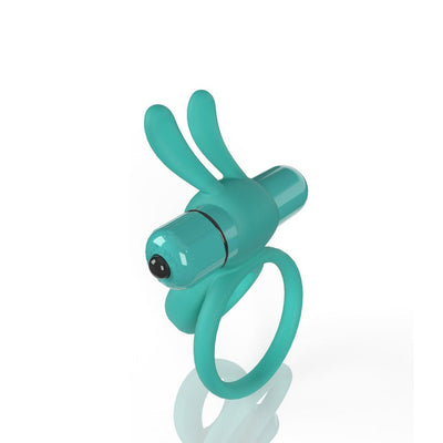 Teal double cockring with flexible rabbit ears and a detachable vibrating bullet on a white background.