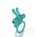 Teal double cockring with flexible rabbit ears and a detachable vibrating bullet on a white background.
