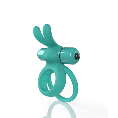 Teal double cockring with flexible rabbit ears and a detachable vibrating bullet on a white background.