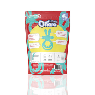 Back of Screaming O Ohare vibrating rabbit double cockring packaging with product features and usage instructions.