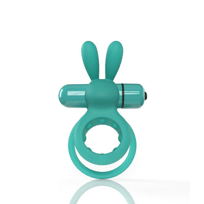 Teal double cockring with vibrating bullet and flexible rabbit ears for targeted stimulation.