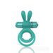 Teal double cockring with vibrating bullet and flexible rabbit ears for targeted stimulation.