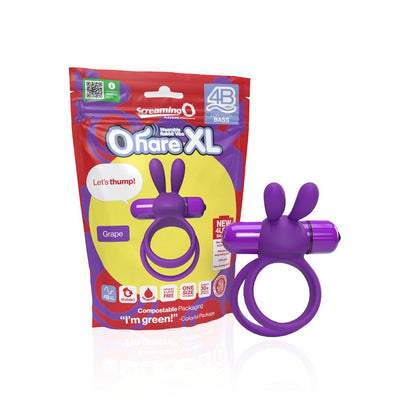 Purple 4B Ohare XL wearable rabbit vibrator with double rings displayed next to its colorful red and yellow packaging.