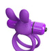 Purple silicone double ring vibrator with flexible rabbit ears and removable bullet for targeted stimulation.