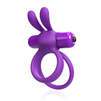 Purple dual-ring vibrating device with flexible rabbit ear attachments and removable bullet vibrator.